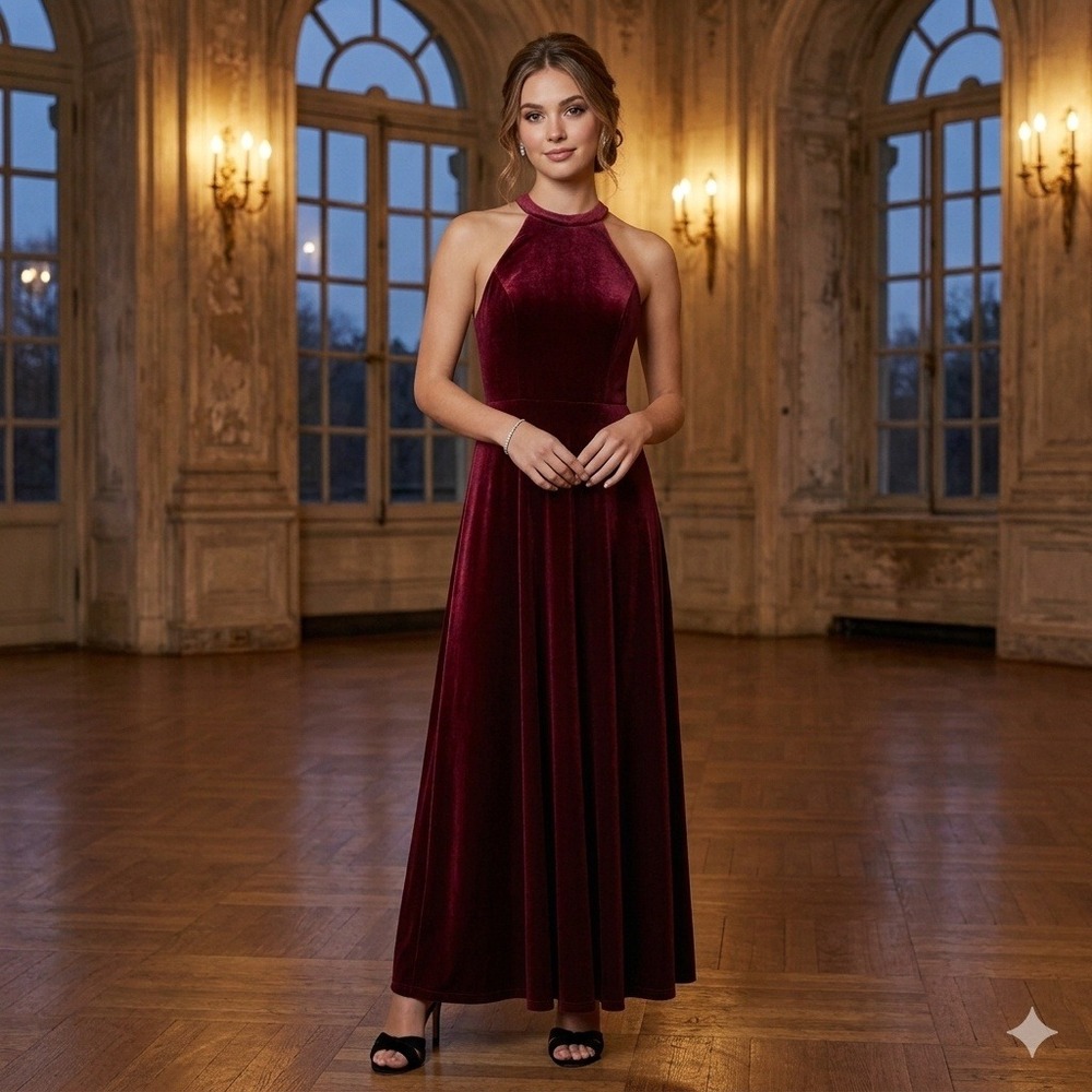 Azazie Velvet Maxi Dress Holiday Glam Women A2 Burgundy Halter Open Back Gown